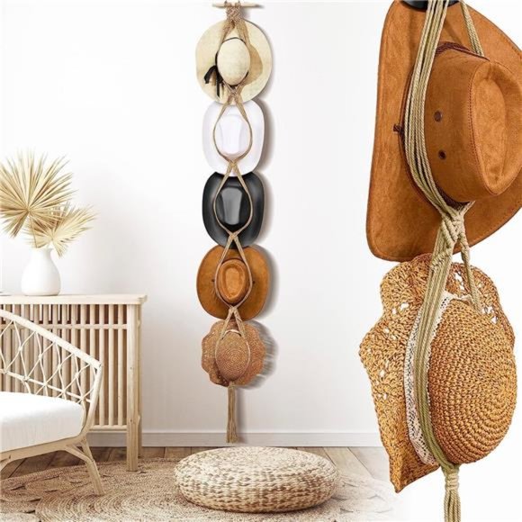Macrame Hat Hangers Boho for Wall Bohemian Women Rack Organizer Hanging Display - Picture 1 of 6